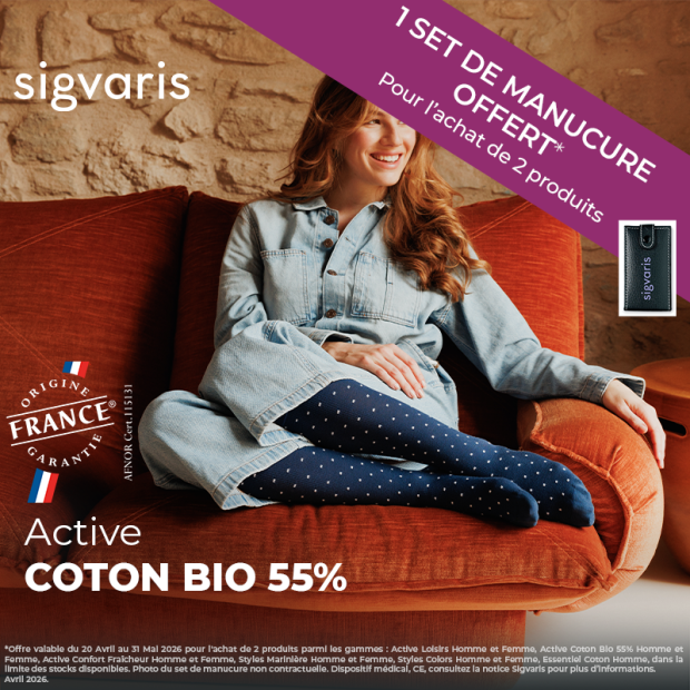Chaussettes contention femme Active Coton bio 55% Sigvaris Classe 2
