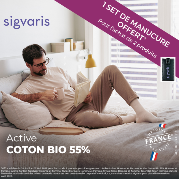 Chaussettes contention homme Active Coton bio 55% Sigvaris Classe 2